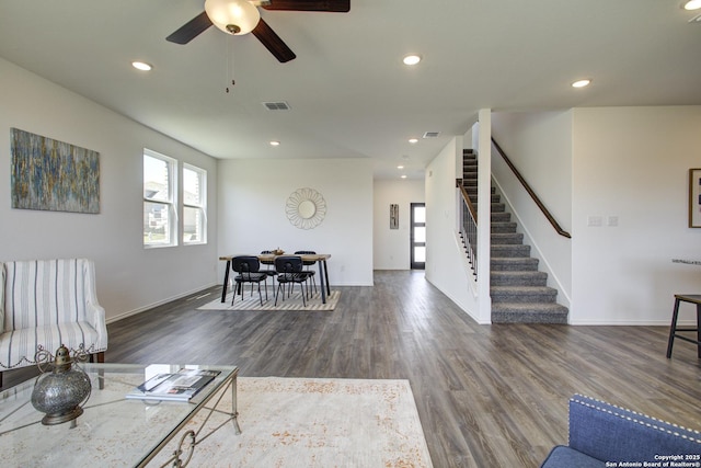 6934 Comanche Cave, San Antonio, TX 78233 - living area featuring a ceiling fan, wood finished floors, stairs, visible vents, and recessed lighting