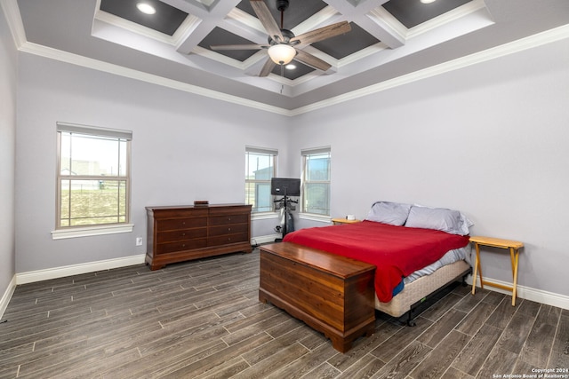 bedroom with crown molding, ceiling fan, beam ceiling, a high ceiling, and coffered ceiling