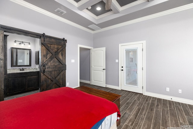 bedroom with hardwood / wood-style floors, sink, coffered ceiling, crown molding, and a barn door