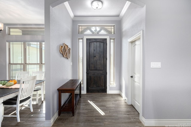 foyer with crown molding and dark hardwood / wood-style flooring