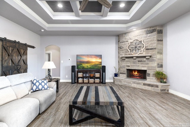 living room with a stone fireplace, crown molding, a raised ceiling, hardwood / wood-style flooring, and a barn door