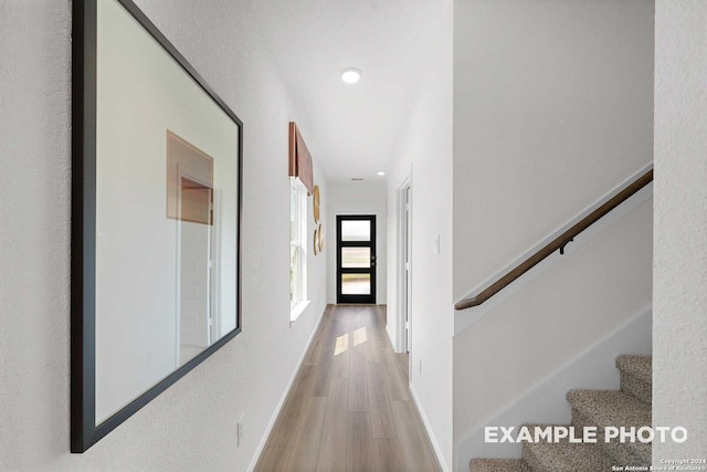 10326 Gala Jct, San Antonio, TX 78224 - hall featuring stairway, recessed lighting, light wood-style floors, and baseboards
