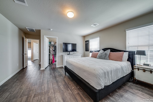 bedroom featuring a closet, multiple windows, dark hardwood / wood-style flooring, and a spacious closet