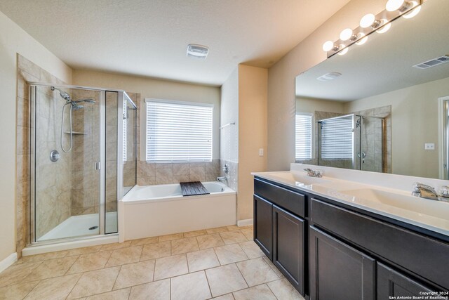 full bathroom featuring shower / bathtub combination with curtain, tile patterned flooring, vanity, and toilet