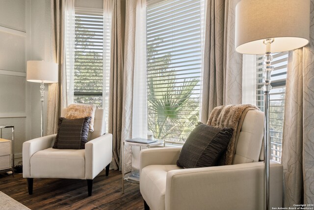 living area with plenty of natural light and dark wood-type flooring