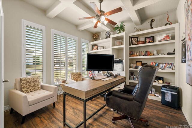 office area with ceiling fan, dark wood-type flooring, beamed ceiling, and coffered ceiling