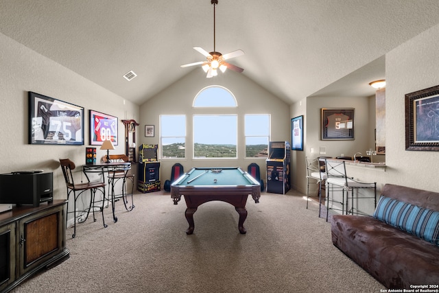 game room featuring ceiling fan, pool table, light carpet, high vaulted ceiling, and a textured ceiling