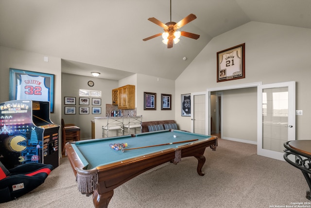 game room featuring ceiling fan, vaulted ceiling, pool table, and light colored carpet