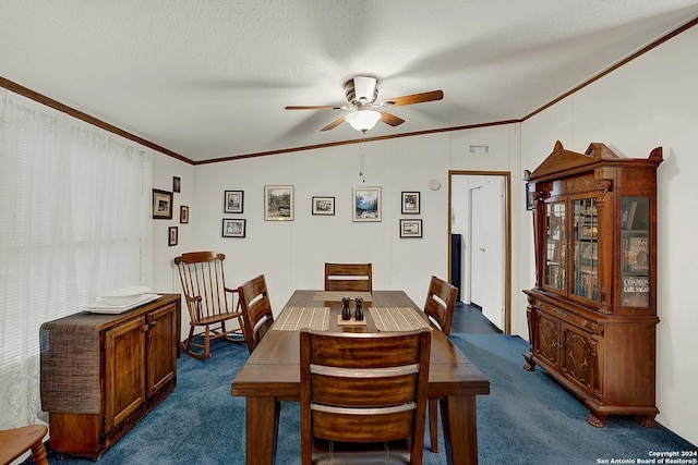 carpeted dining room with crown molding, ceiling fan, and a textured ceiling