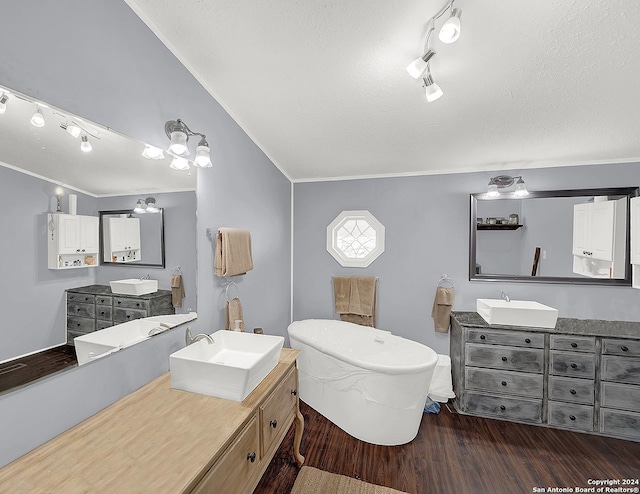 bathroom featuring crown molding, lofted ceiling, wood-type flooring, and vanity