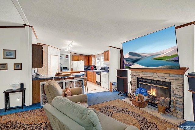 carpeted living room with lofted ceiling, a stone fireplace, rail lighting, crown molding, and a textured ceiling