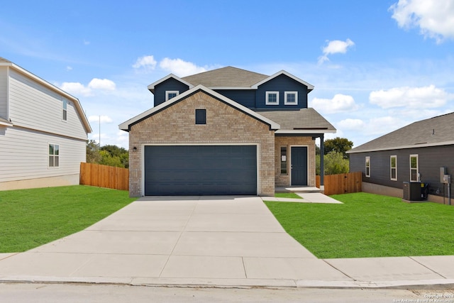 view of front facade featuring central AC, brick siding, a front lawn, and fence