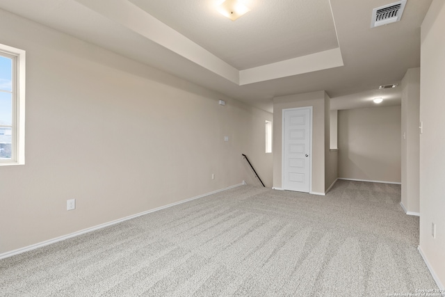 interior space with multiple windows, carpet floors, and a raised ceiling