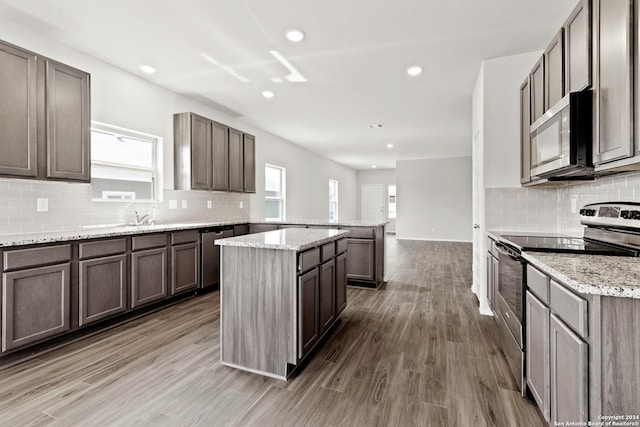 kitchen featuring a peninsula, appliances with stainless steel finishes, a wealth of natural light, and wood finished floors