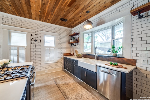 kitchen featuring a healthy amount of sunlight, decorative light fixtures, light wood-type flooring, dishwasher, and wooden ceiling