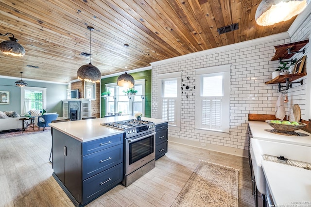 kitchen featuring crown molding, stainless steel gas range, and decorative light fixtures