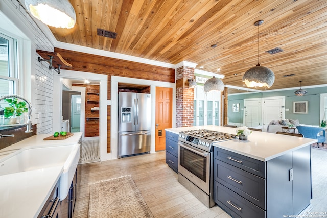 kitchen featuring light hardwood / wood-style flooring, stainless steel appliances, decorative light fixtures, a kitchen island, and wooden ceiling