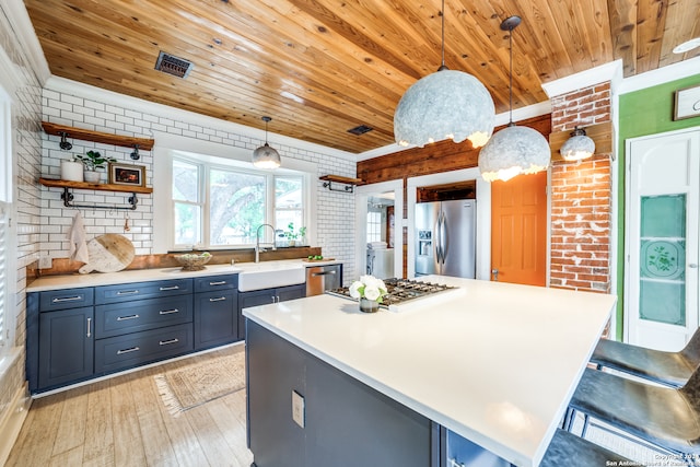 kitchen with light hardwood / wood-style floors, wood ceiling, appliances with stainless steel finishes, and sink