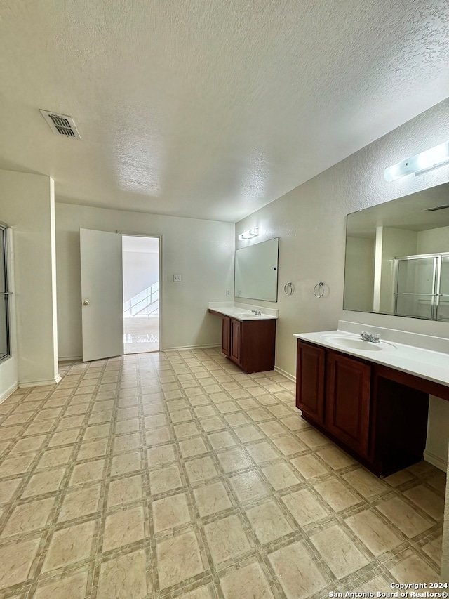 bathroom with vanity, walk in shower, and a textured ceiling