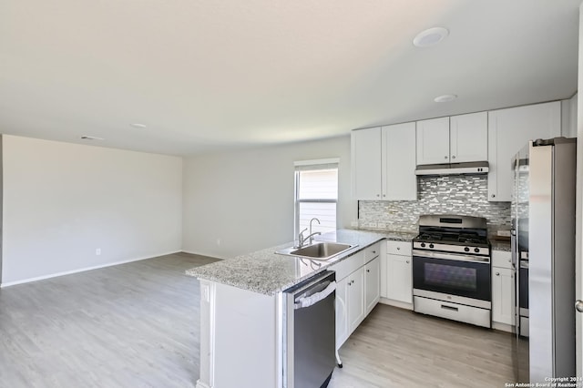 kitchen featuring sink, stainless steel appliances, tasteful backsplash, white cabinets, and kitchen peninsula