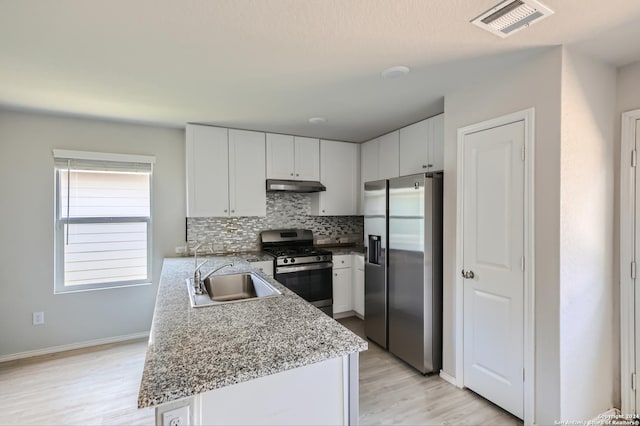 kitchen with appliances with stainless steel finishes, sink, decorative backsplash, and white cabinets