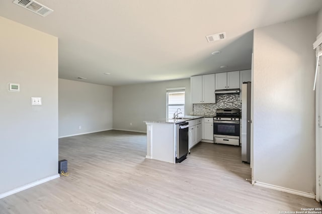 kitchen with white cabinetry, sink, backsplash, kitchen peninsula, and stainless steel appliances