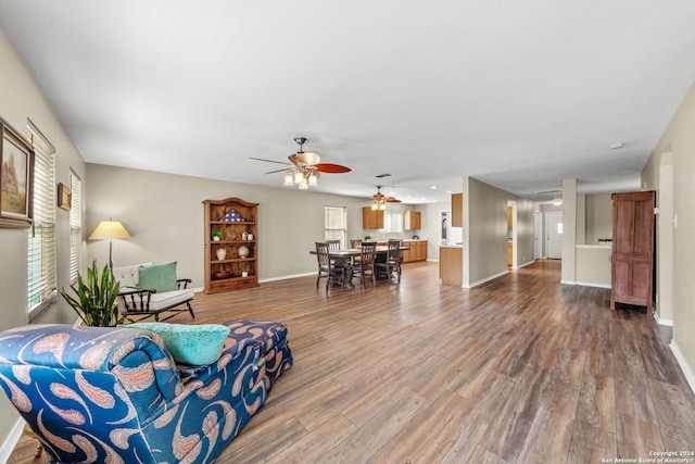 living room with wood-type flooring, a wealth of natural light, and ceiling fan