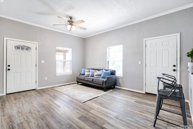 interior space featuring crown molding, light wood-type flooring, and ceiling fan