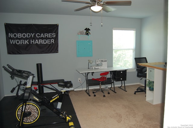 home office featuring ceiling fan and carpet flooring