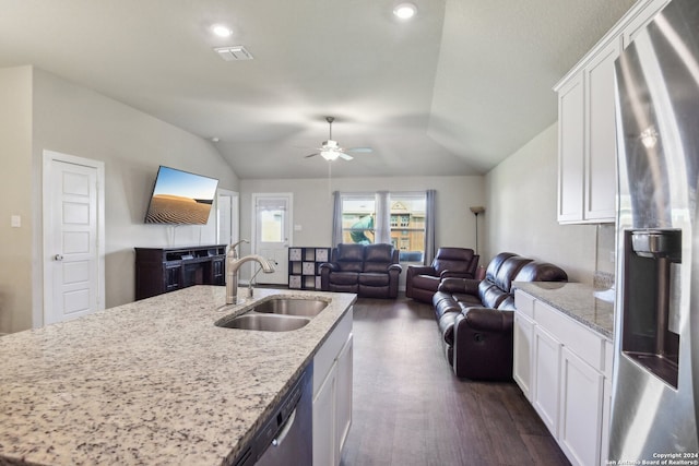 kitchen featuring stainless steel fridge with ice dispenser, white cabinetry, ceiling fan, dark hardwood / wood-style floors, and sink