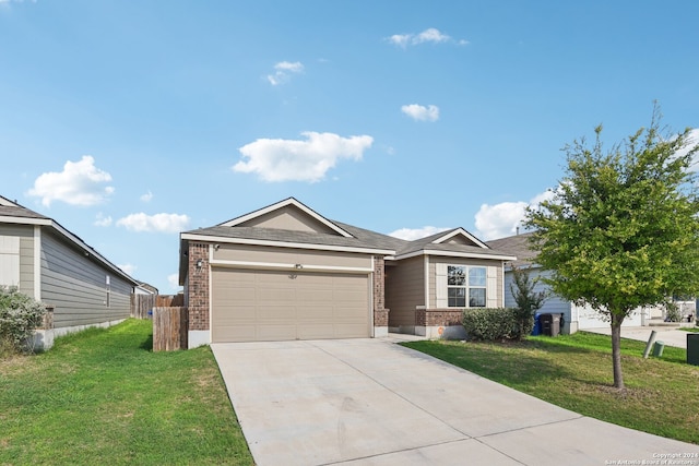 ranch-style house with a garage and a front lawn