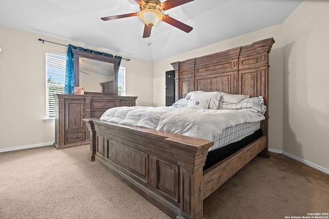 bedroom with light carpet and ceiling fan