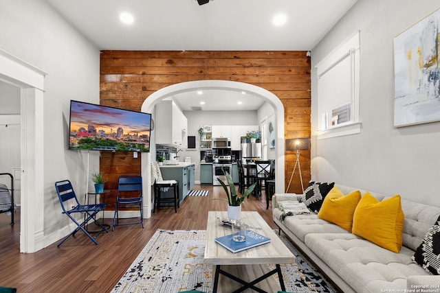 living room featuring wood walls, sink, and dark hardwood / wood-style flooring