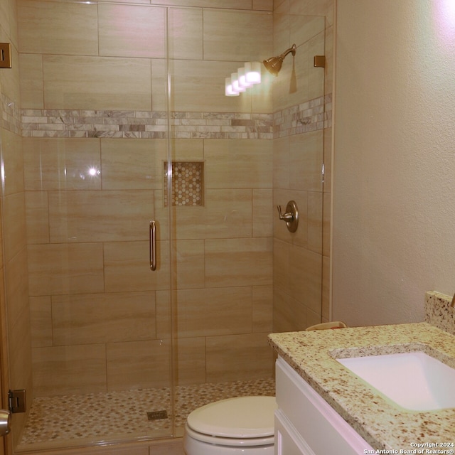 bathroom featuring vanity, toilet, and a shower with door