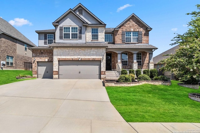 craftsman-style home with a porch, a garage, and a front yard