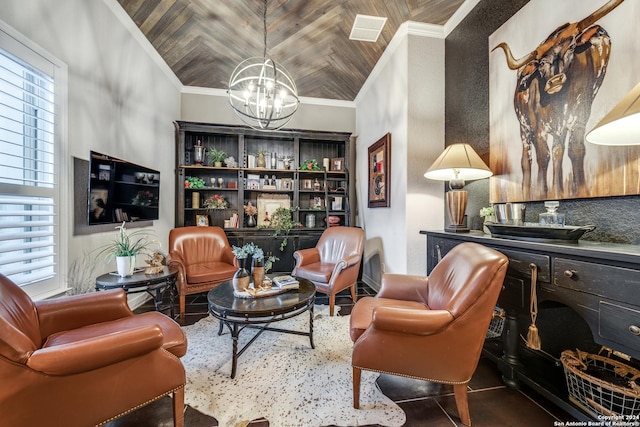 living area with crown molding, plenty of natural light, and an inviting chandelier