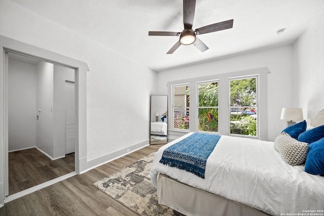 bedroom with ceiling fan, hardwood / wood-style floors, and a closet