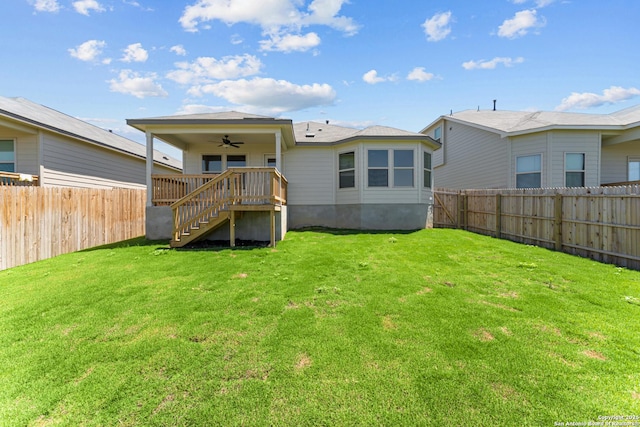 8433 Roadrunner Psge, San Antonio, TX 78222 - rear view of house with a fenced backyard, ceiling fan, a yard, and stairway