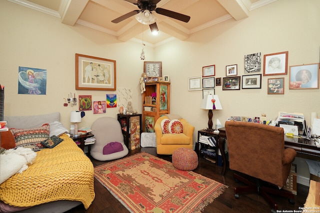 office space featuring ceiling fan, beam ceiling, crown molding, and hardwood / wood-style floors