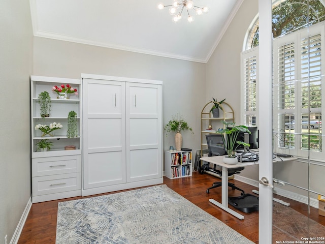 office with ornamental molding, vaulted ceiling, a chandelier, and dark wood-type flooring