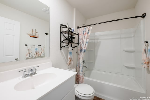 full bathroom with vanity, toilet, and shower / bathtub combination with curtain