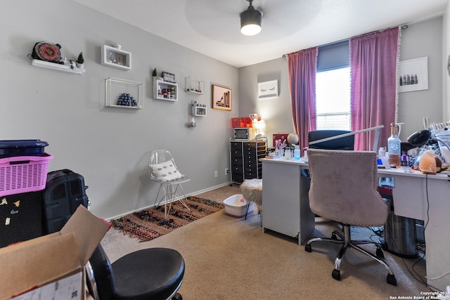 office space featuring ceiling fan and carpet flooring