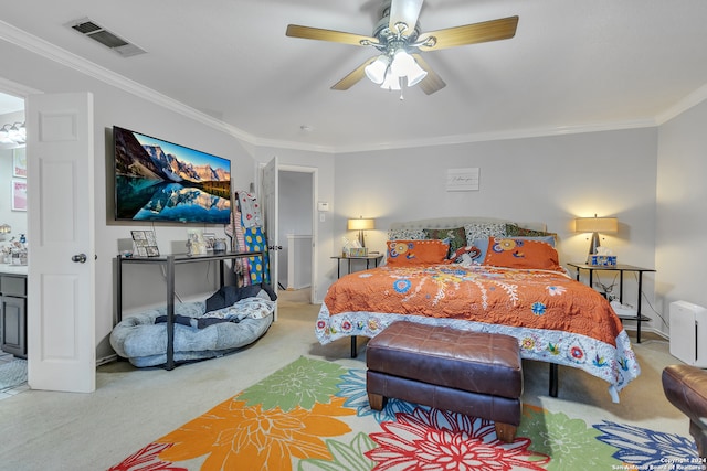 bedroom featuring ceiling fan, carpet flooring, and ornamental molding