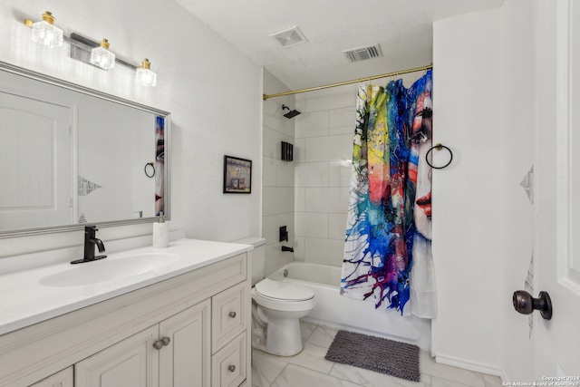 full bathroom with vanity, toilet, and shower / bath combo with shower curtain