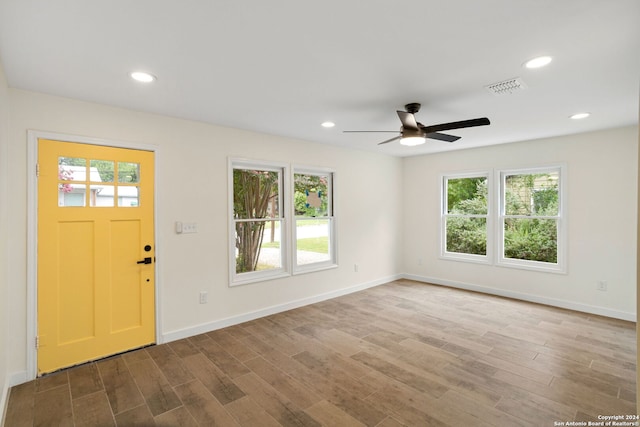 entrance foyer with wood-type flooring, plenty of natural light, and ceiling fan