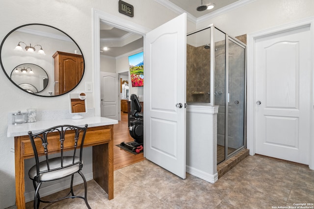 bathroom with walk in shower, tile patterned flooring, and ornamental molding