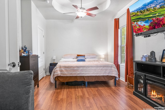 bedroom with hardwood / wood-style floors, a raised ceiling, and ceiling fan