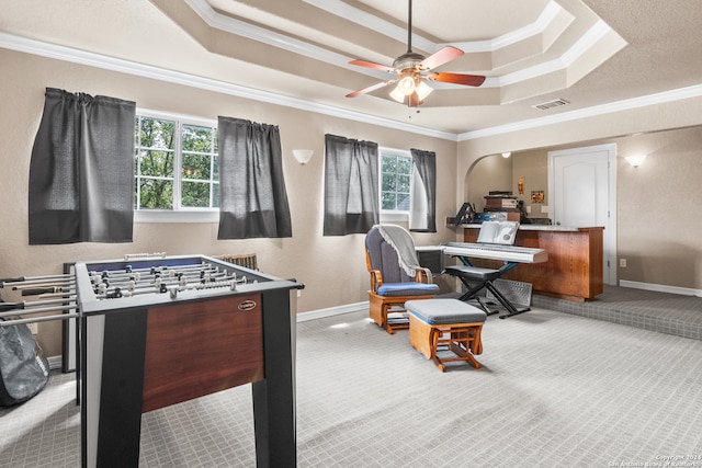 office area featuring ceiling fan, a raised ceiling, and light colored carpet