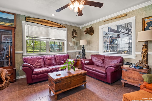 tiled living room featuring ceiling fan and crown molding