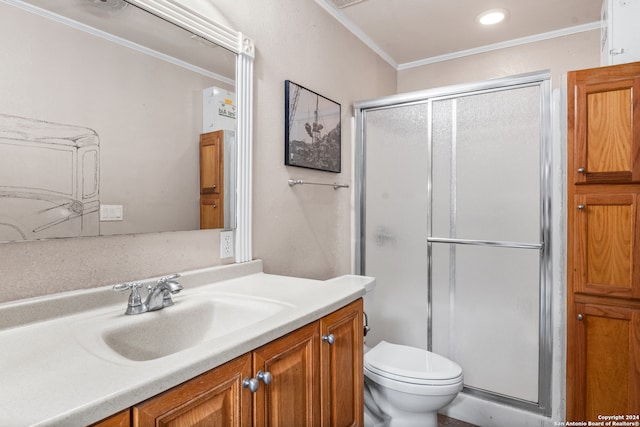 bathroom with an enclosed shower, vanity, and toilet